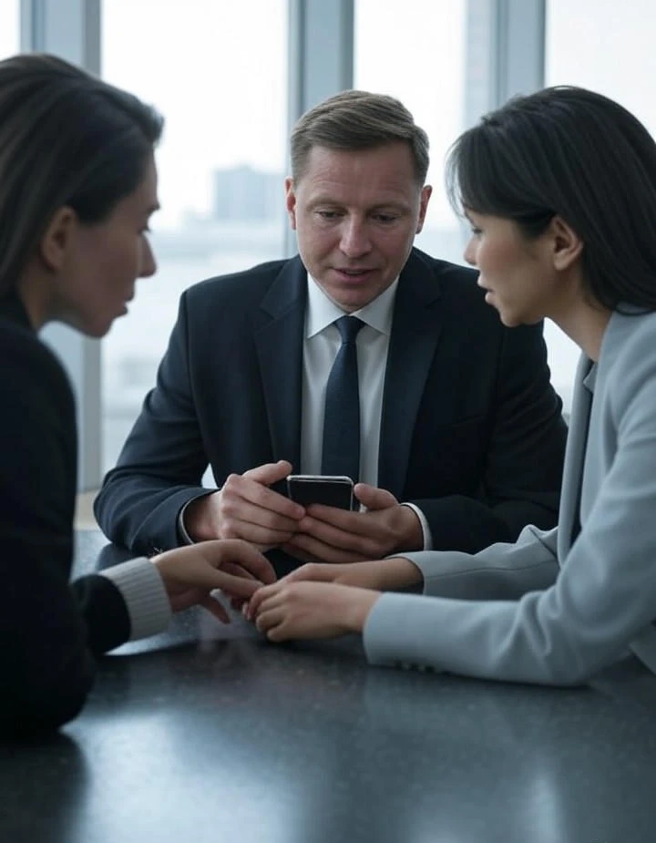 Three business executives discussing over mobile phone Software Requirements Specification