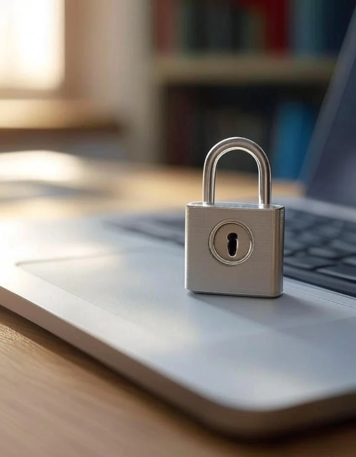 The lock is lying on the laptop keyboard